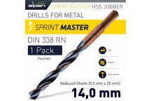 ALPEN HSS SPRINT MASTER 14.0MM RED SHANK 9.5MM X1 SLEEVED DIN338 DRILL