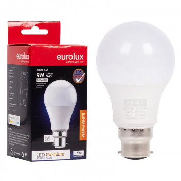 EUROLUX BULB A60 B22 WARM WHITE DIMMABLE 9W 240V