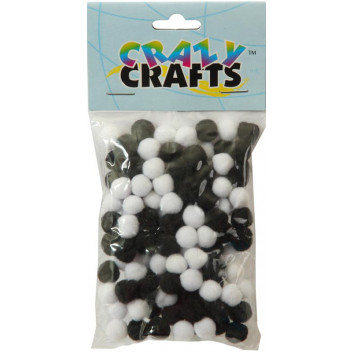 BLACK AND WHITE POM POMS CRAFT 10MM 120PIECE