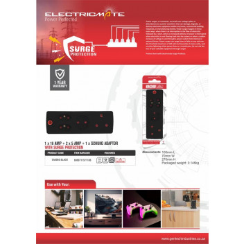 ELECTRICMATE ADAPTOR WITH SURGE 1X16AMP + 2X5AMP + 1XSCHOCKO