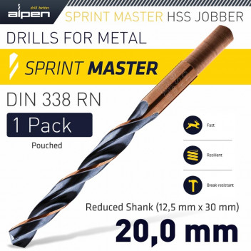ALPEN HSS SPRINT MASTER 20.0MM RED SHANK 12.5MM X1 SLEEVED DIN338 DRIL