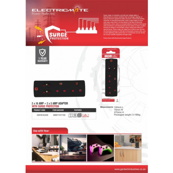 BLACK MEDIUM ELECTRICMATE PROTECT SURGE ADAPTOR  2X16AMP + 2X5AMP