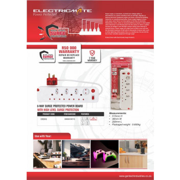 ELECTRICMATE 8WAY HIGH SURGE PROTECT MULTIPLUG