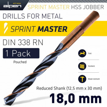 ALPEN HSS SPRINT MASTER 18.0MM RED SHANK 12.5MM X1 SLEEVED DIN338 DRIL