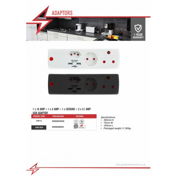 ELECTRICMATE USB ADAPTOR  1X16AMP + 1X5AMP + 1SCHUKO + 2.1AMP
