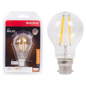 EUROLUX LED BULB FILAMENT A60 B22 8W 3000K