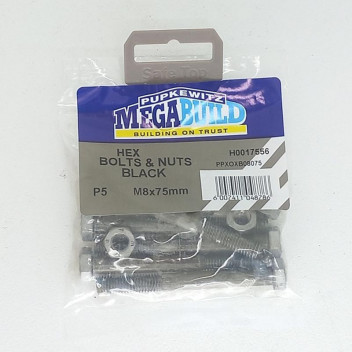 BLACK HEXAGON BOLTS AND NUTS M8X75MM P5