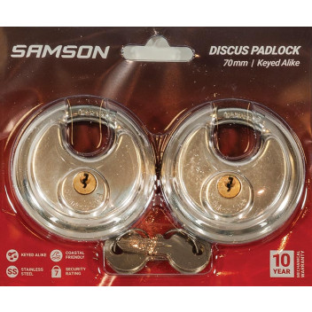 BOLTFIX DISCUS PADLOCK STAINLESS STEEL 70MM 2PP SAMSON.