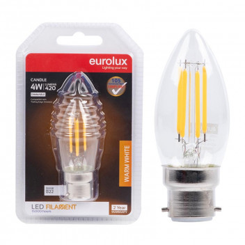EUROLUX LED BULB FILAMENT CANDLE B22 4W DIMM 3000K