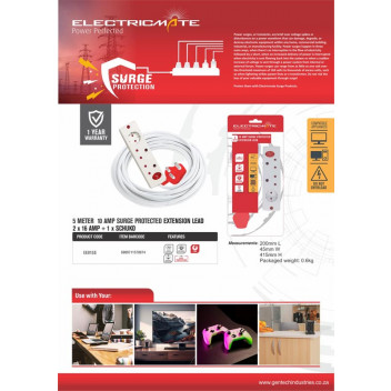 ELECTRICMATE WHITE MEDIUM SURGE PROTECT EXTENSION LEAD 5M