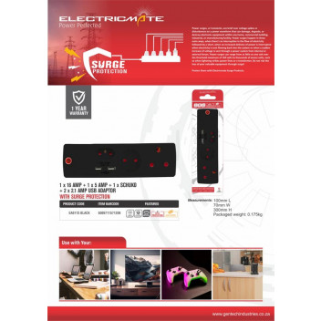 ELECTRICMATE USB ADAPTOR WITH SURGE  1X16AMP + 1X5AMP + 1SCHUKO + 2.1AMP