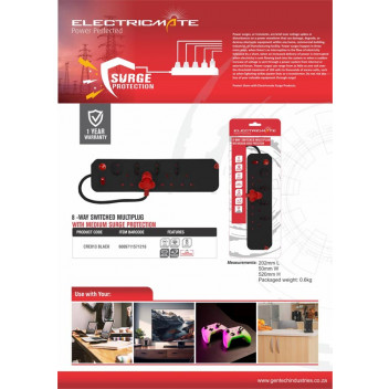 ELECTRICMATE BLACK 8WAY MEDIUM SURGE PROTECT MULTIPLUG