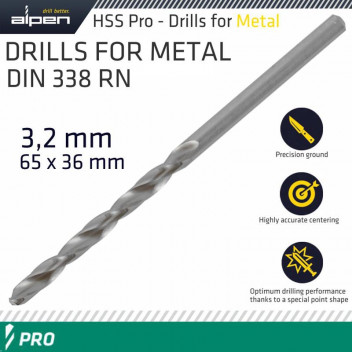 ALPEN PRO HSS 3.2MM DRILL DIN 338 RN 135 SPLIT POINT PLASTIC WALLET