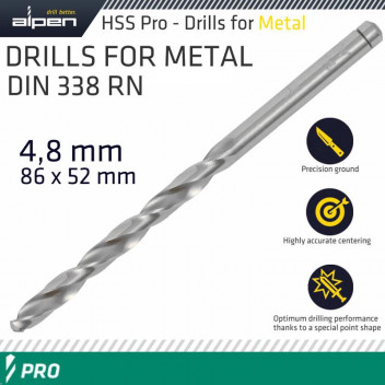 ALPEN PRO HSS 4.8MM DRILL DIN 338 RN 135 SPLIT POINT PLASTIC WALLET