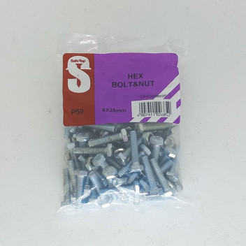 HEXAGON BOLT AND NUT 6X25MM 50PER PACK