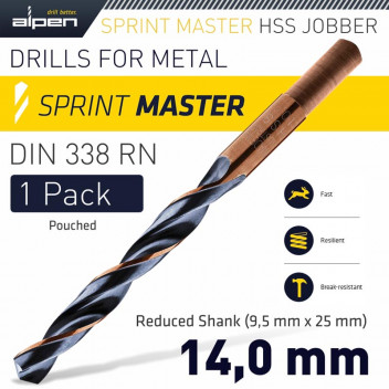 ALPEN HSS SPRINT MASTER 14.0MM RED SHANK 9.5MM X1 SLEEVED DIN338 DRILL