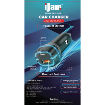 IJAM CAR CHARGER WITH DUAL PORT 38W POWER