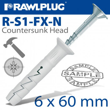 NYLON HAMMER-IN FIXING 6X60MM COUNTERSUNK HEAD 20 PACK