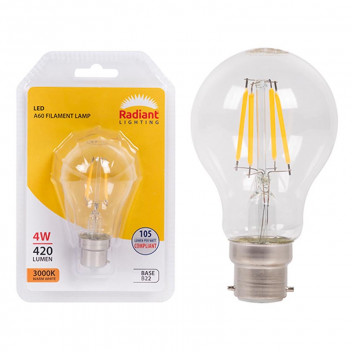 RADIANT LED FILAMENT BULB A60 B22 4W 3000K